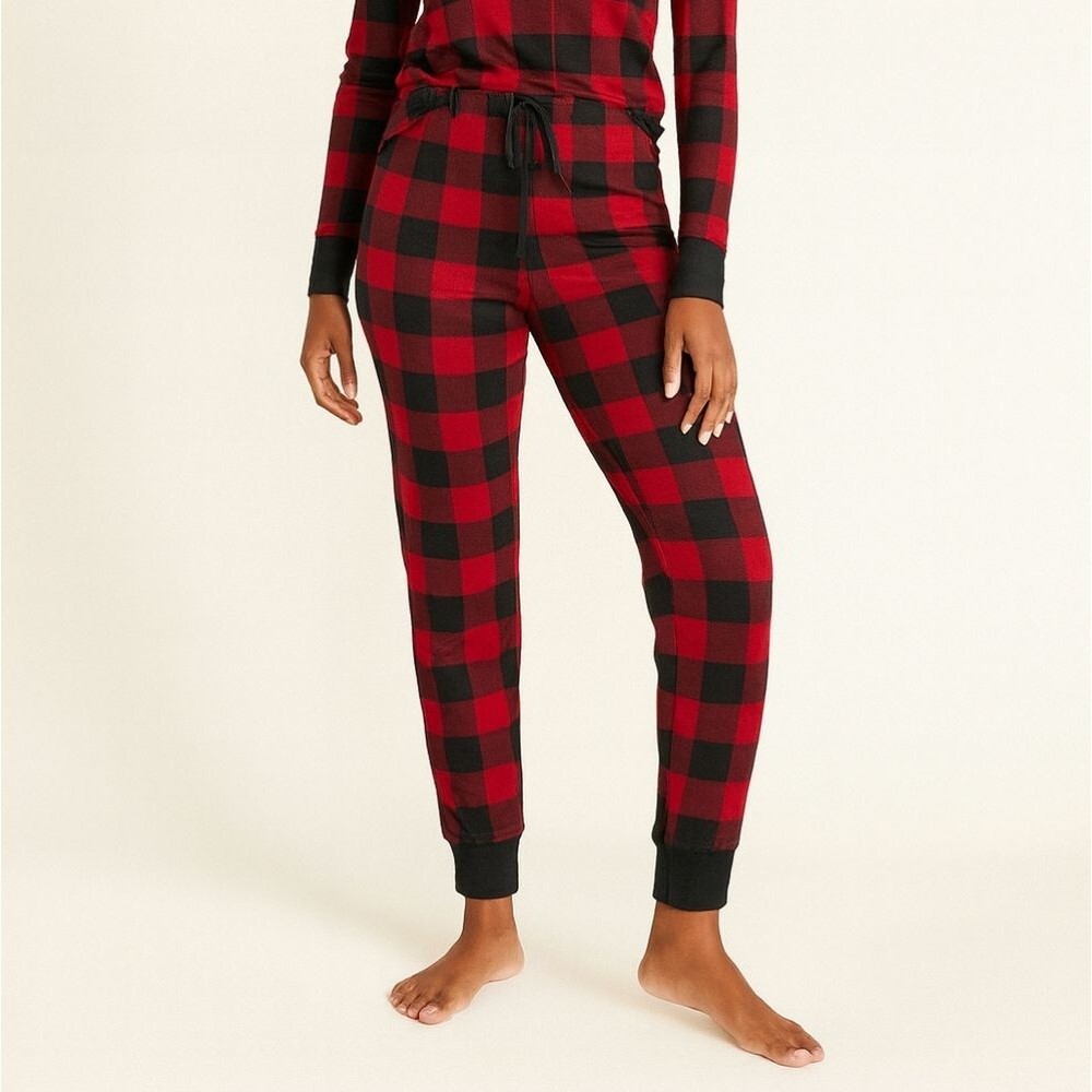 Women's M Stars Above Red Black Flannel Plaid Sleep Jogger Pants Cozy Soft Sweat